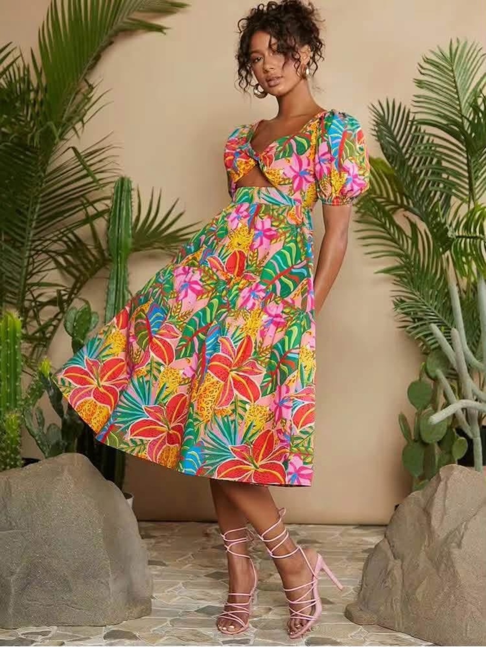 Tropical Floral Cutout Midi Dress in Multicolor